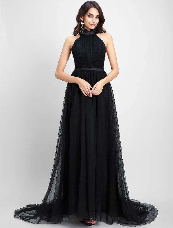 A-Line Celebrity Style Dress Formal Evening Chapel Train Sleeveless Halter Neck Tulle with Draping