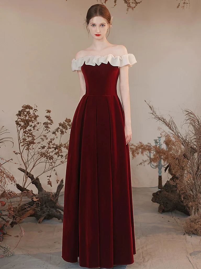 A-Line Off Shoulder Velvet Burgundy Long Prom Dress Burgundy Formal Dress