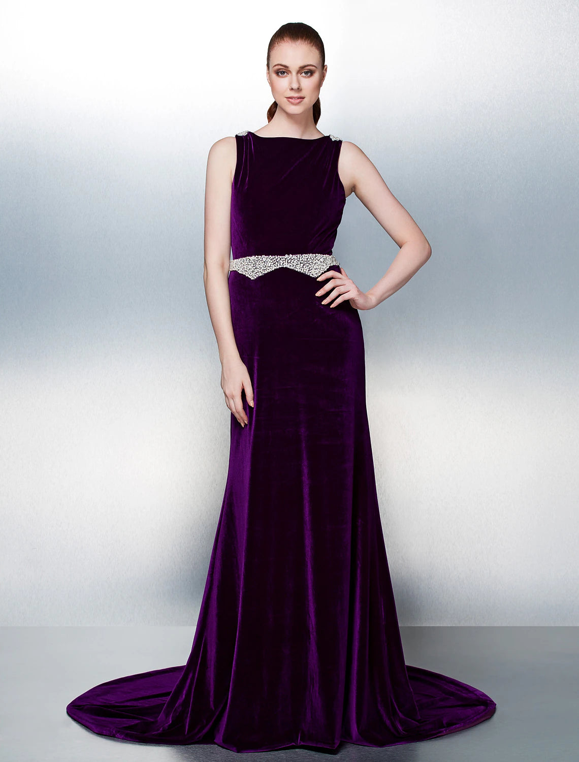 A-Line Open Back Formal Evening Dress Bateau Neck Sleeveless Court Train Velvet with Sash / Ribbon Pearls Beading