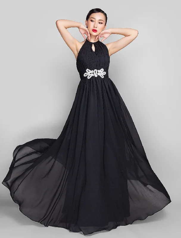 A-Line Open Back Keyhole Formal Evening Wedding Party Military Ball Dress High Neck Sleeveless Floor Length Chiffon with Beading