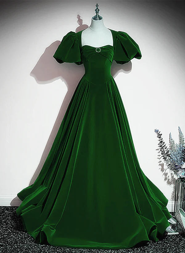 A-Line Princess Velvet Backless Ballgown Long Party Dress Short Sleeves Formal Dress Prom Dress