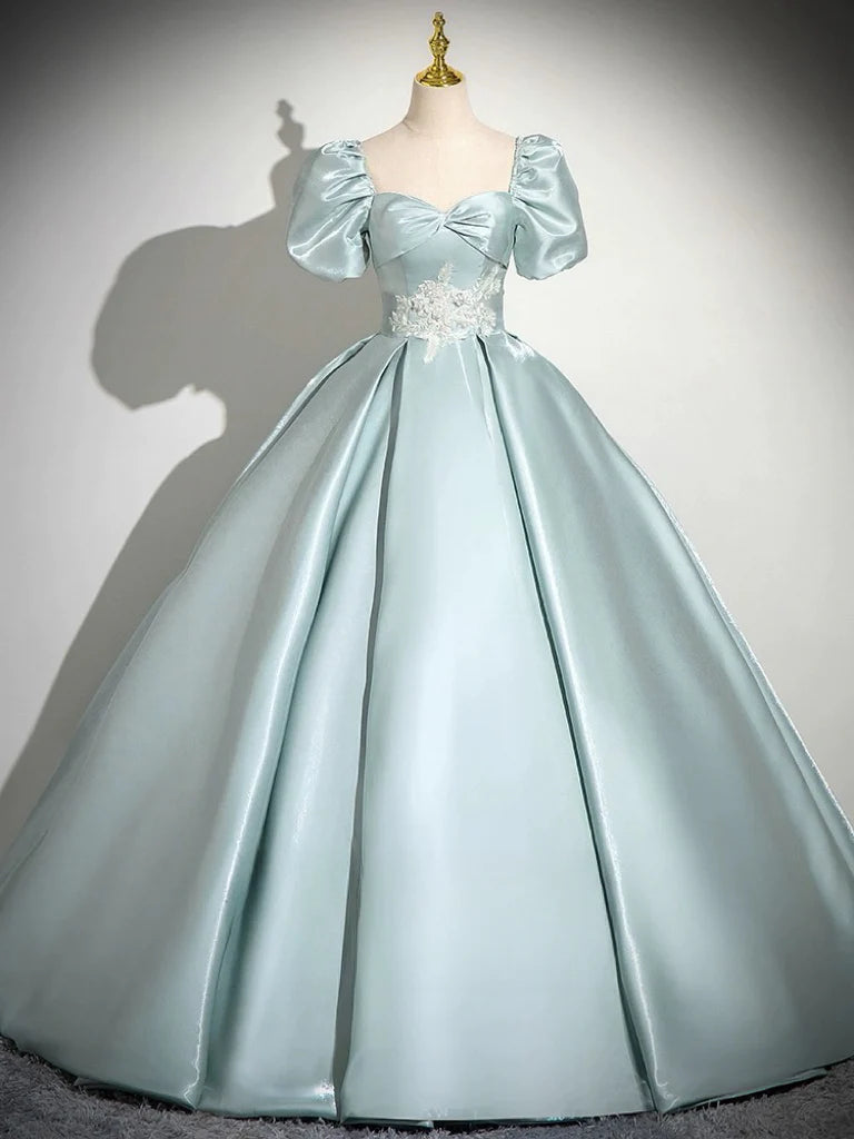 A-Line Sweetheart Neck Puff Sleeves Satin Quinceanera Dress Blue Long Prom Dress