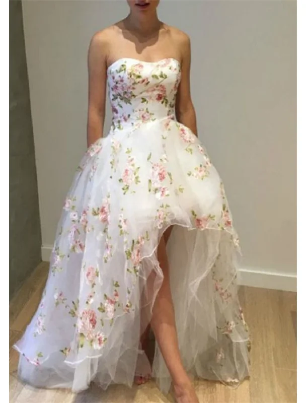 Ball Gown Prom Dresses Floral Dress Quinceanera Wedding Party Asymmetrical Sleeveless Strapless Tulle with Ruffles Appliques