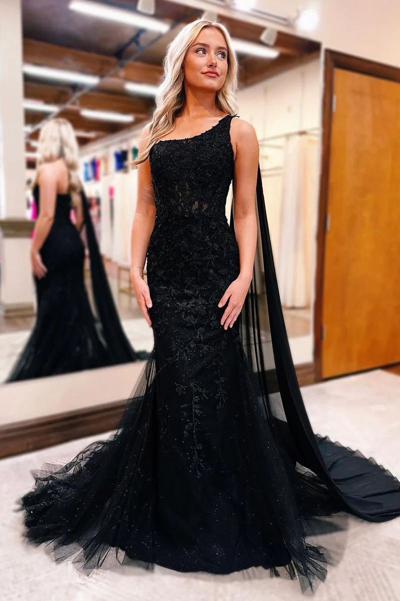 Black One Shoulder Appliques Mermaid Long Prom Dresses