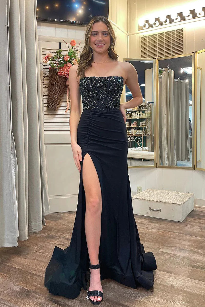 Black Strapless Beaded Mermaid Long Prom Dresses with Slit