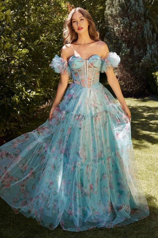 Blue Floral Printed Party Dress Ball Gown Strapless Tulle Long Prom Dress