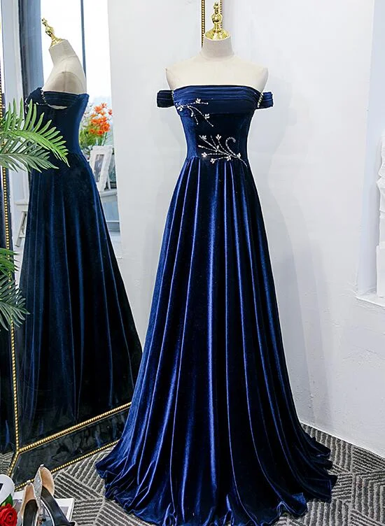 Blue Velvet Beaded Elegant Off Shoulder Evening Dress Blue Long Prom Dress Party Dress