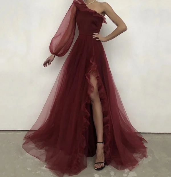 Burgundy tulle one shoulder prom dress evening dress