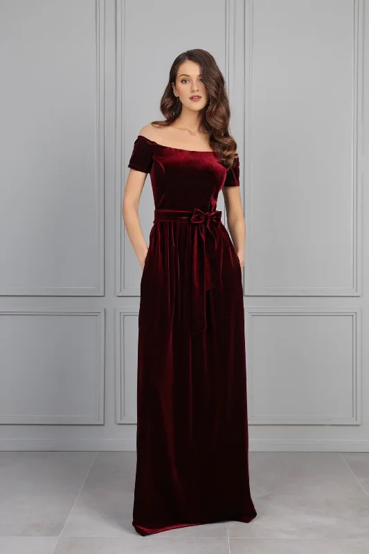 Burgundy Velvet Bridesmaid Dress Off The Shoulder Wedding Guest Dress Evening Dress