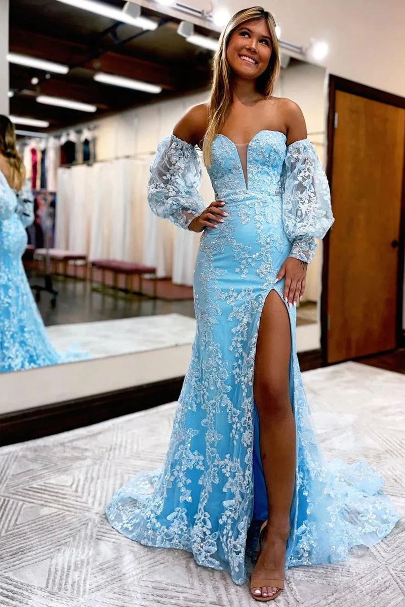 Charming Mermaid Sweetheart ligth Blue Sparkly Lace Long Prom Dresses with Sleeves