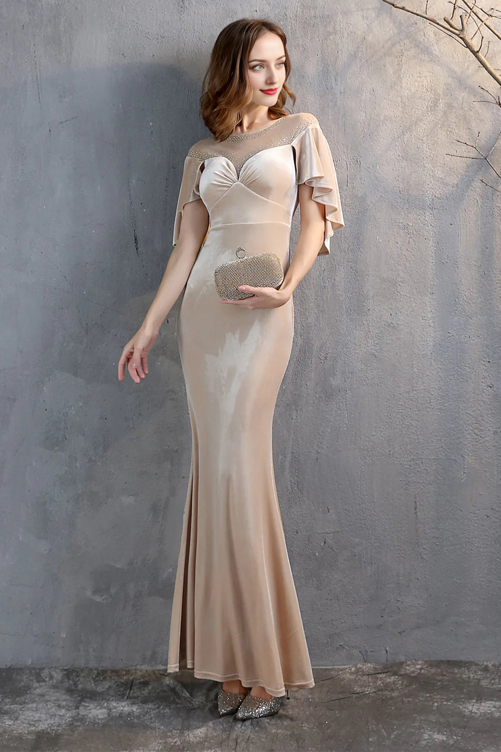 Elegant Champagne Velvet Mermaid Long Prom Dress Evening Dress