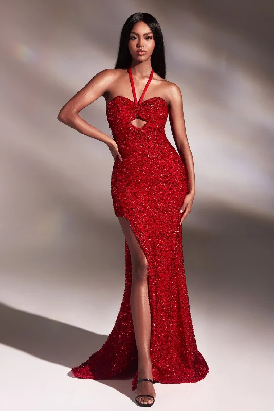 Fitted Halter Sequin Slit Gown By Ladivine CD883 - Women Evening Formal Gown - Special Occasion