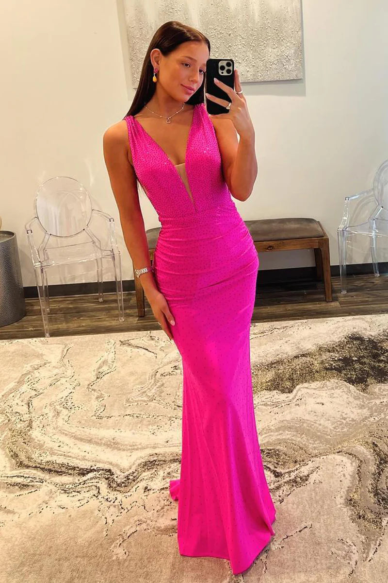 Fuchsia Satin Mermaid Long Prom Dresses with Beading