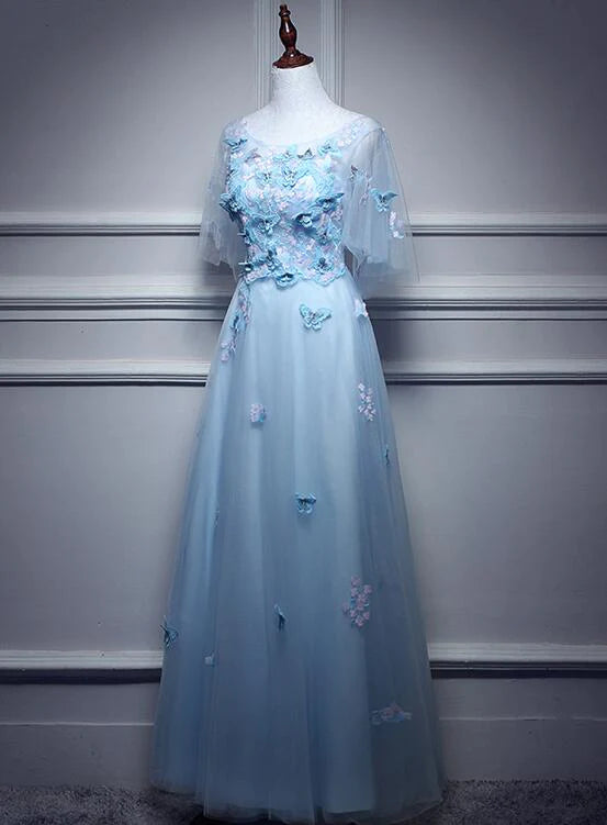 Light Blue Flowers Long Party Dress A-line Tulle Party Dress Evening Dress