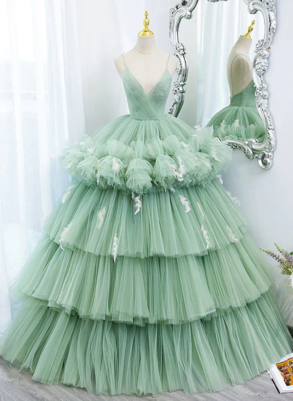 Light Green Tulle Layers Low Back Prom Dress Sweet 16 Dress Quinceanera Dress