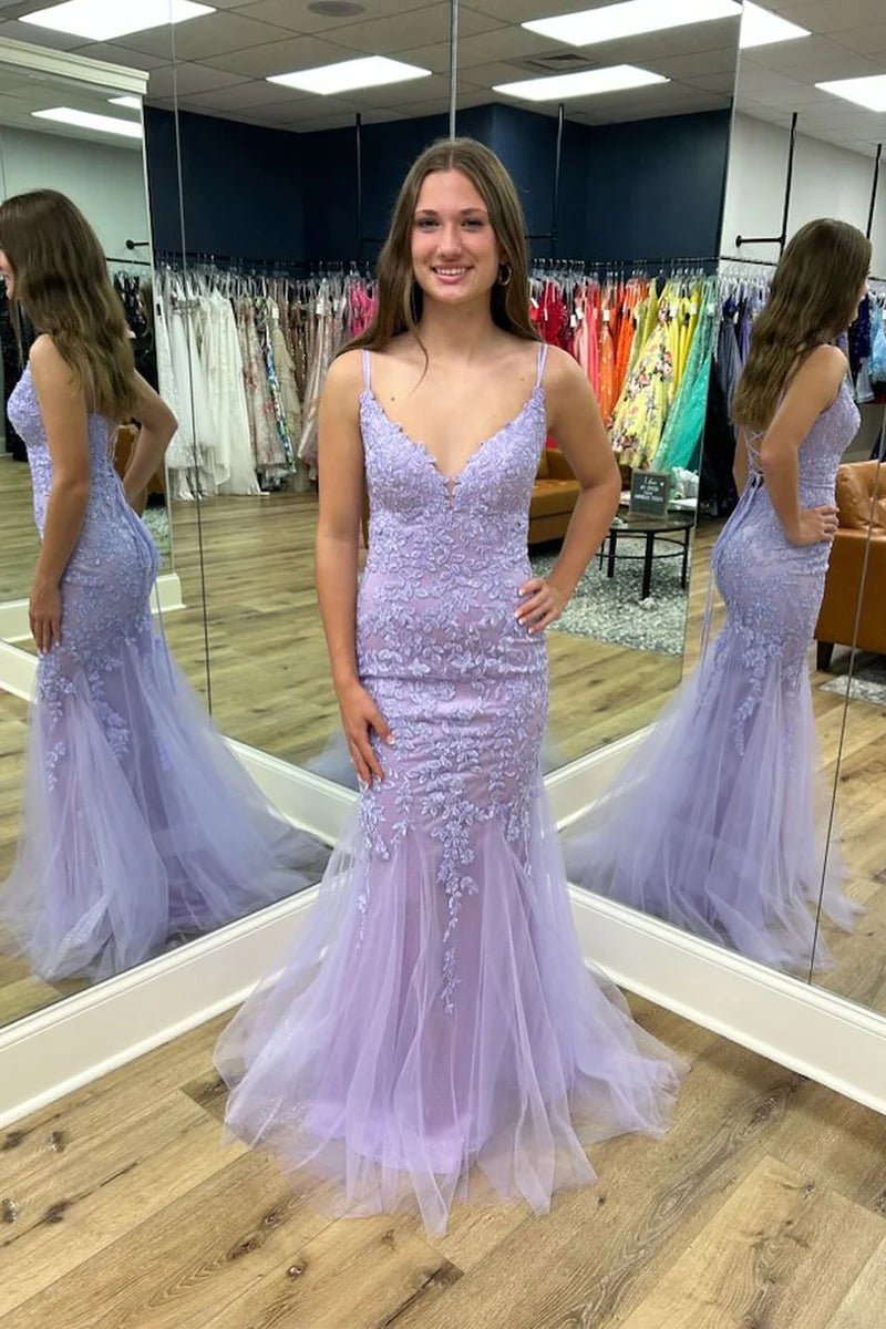 Lilac Tulle Lace V Neck Mermaid Long Prom Dresses