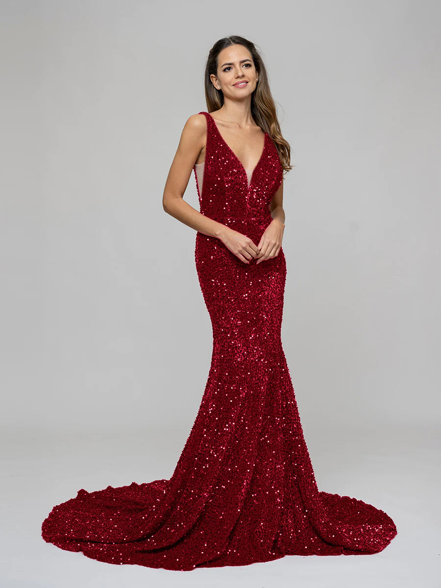 Mermaid Plunging V Neck Sequin Fitted Sexy Prom Dresses