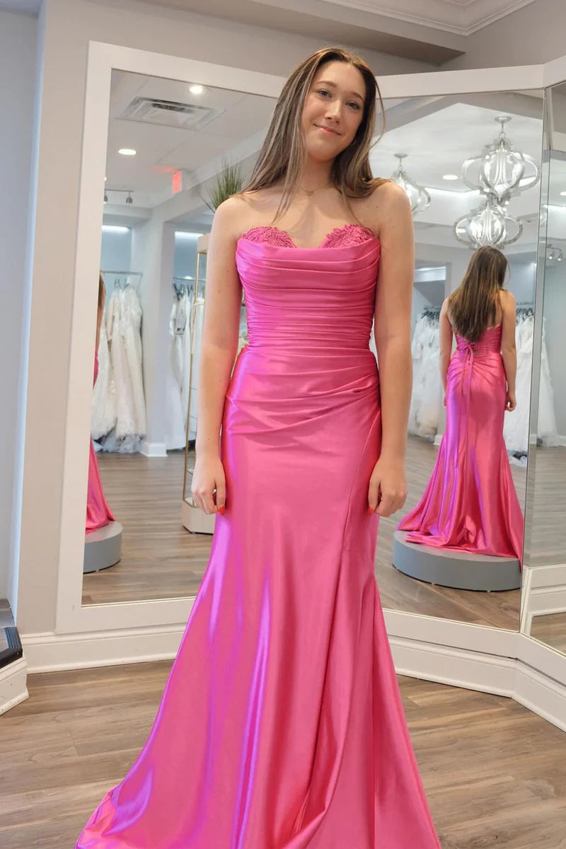 Mermaid Sweetheart Pink Satin Long Prom Dresses