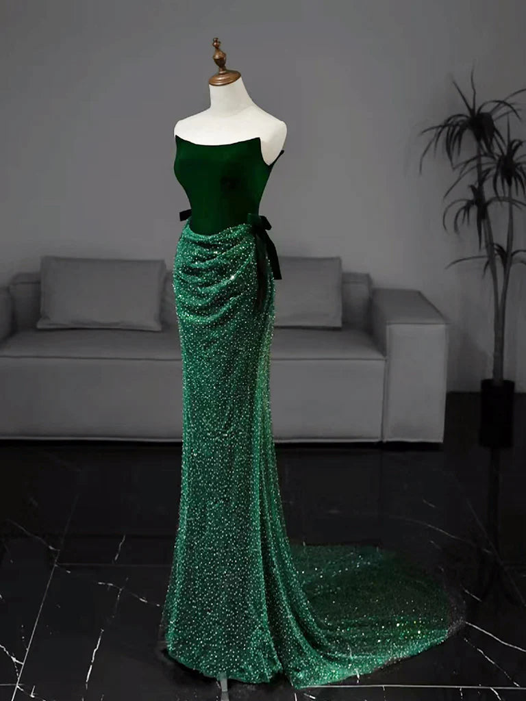 Mermaid Tulle Velvet Green Long Prom Dress Strapless Evening Dress