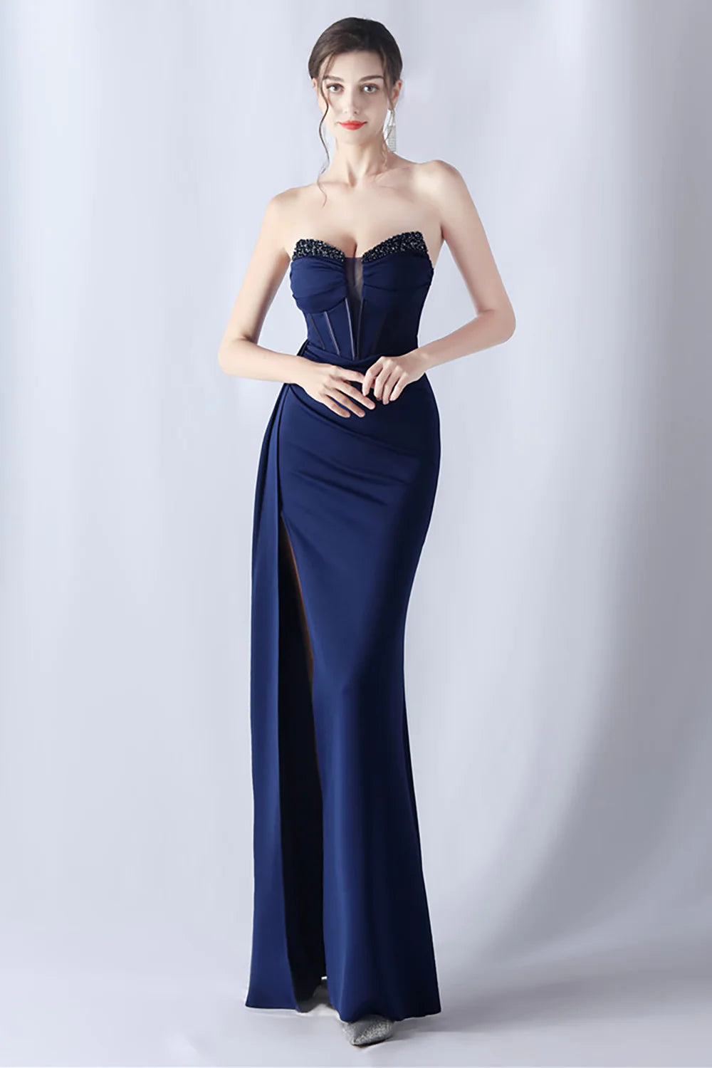 Navy Mermaid Strapless Long Corset Prom Dress with Slit