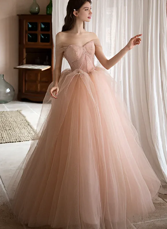 Off Shoulder Pink Tulle Long Formal Dress A-line Princess Prom Dress Evening Dress