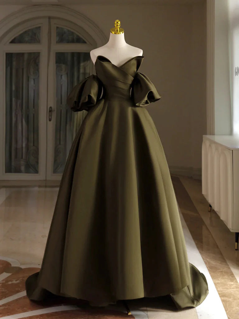 Olive Green A-Line Puff Sleeves Satin Long Prom Dress Evening Dress