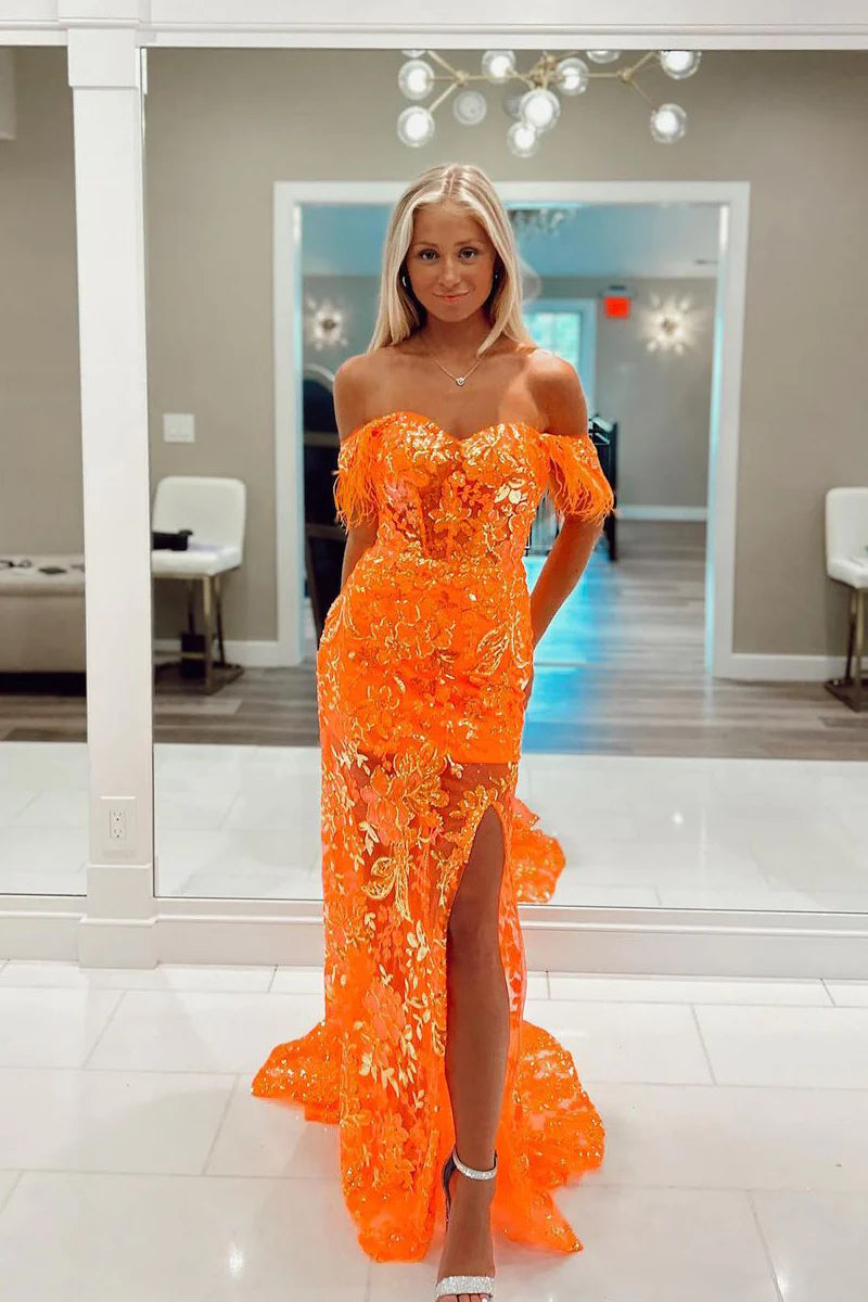 Orange Mermaid Sequin Lace Long Prom Dresses with Detachable Shoulder Straps