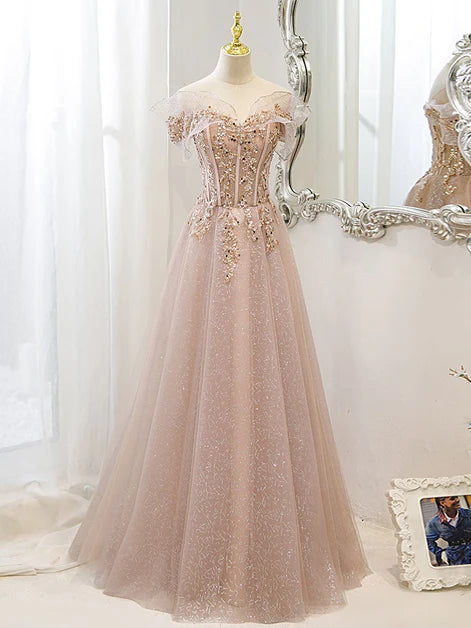 Pink Off Shoulder Shiny Tulle with Beaded and Lace Prom Dress Long Pink Formal Dresses