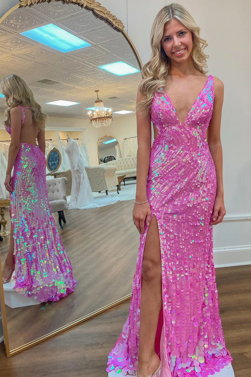 Pink Sequins V Neck Mermaid Backless Long Prom Dress