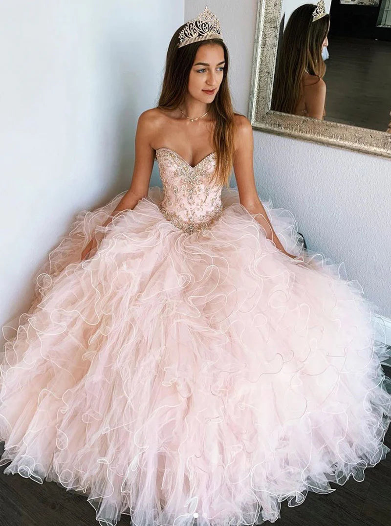 Pink Sweetheart Sleeveless Quinceanera Dresses Tulle Prom Dresses Ballgown 