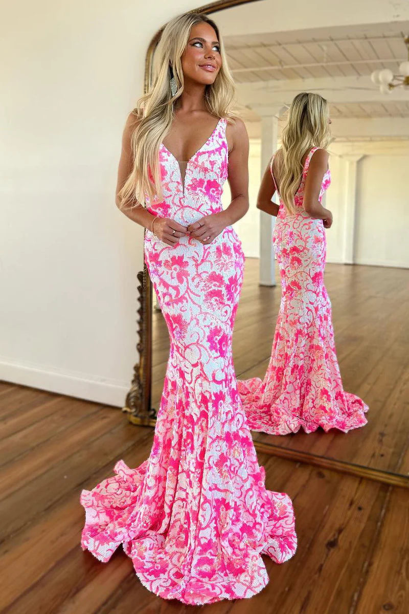 Pink V Neck Sequin Lace Mermaid Prom Dress