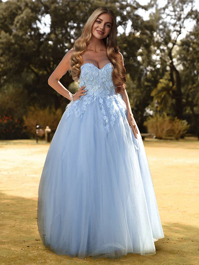 Prom Dresses Floral Dress  Floor Length Sleeveless Sweetheart Tulle with Appliques