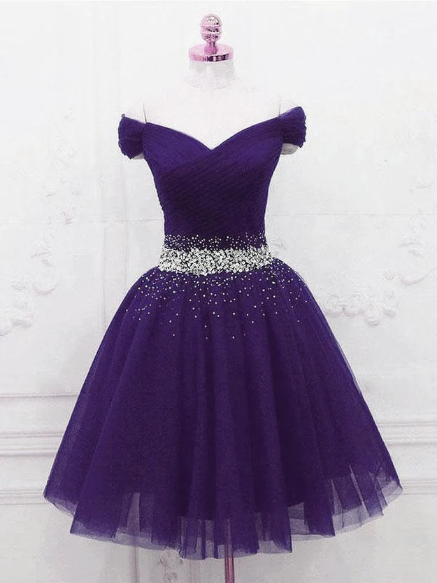 Purple Off Shoulder Sweetheart Knee Length Beaded Tulle Homecoming Dress Prom Dress