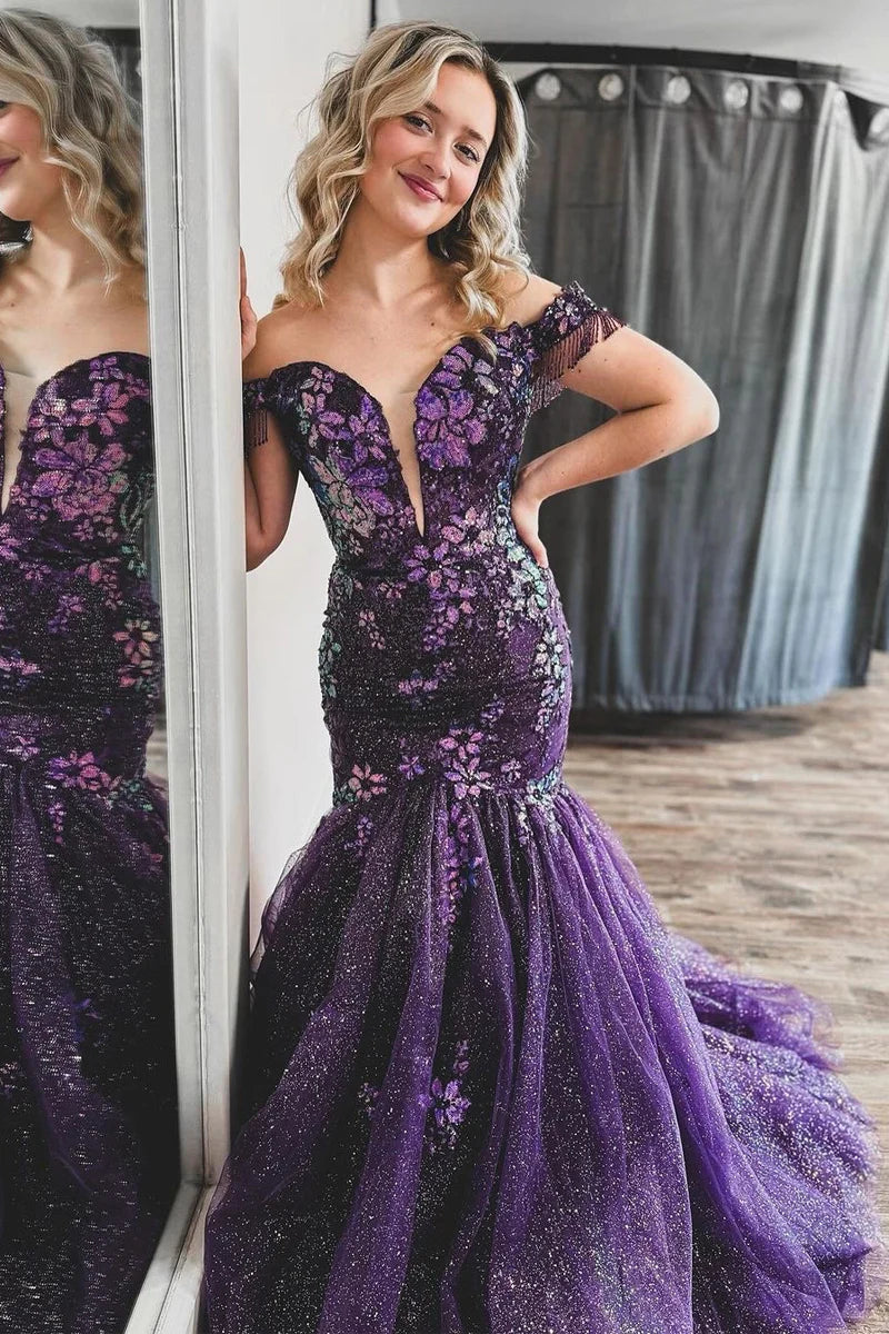 Purple Off the Shoulder Sequin Lace Mermaid Prom Dresses