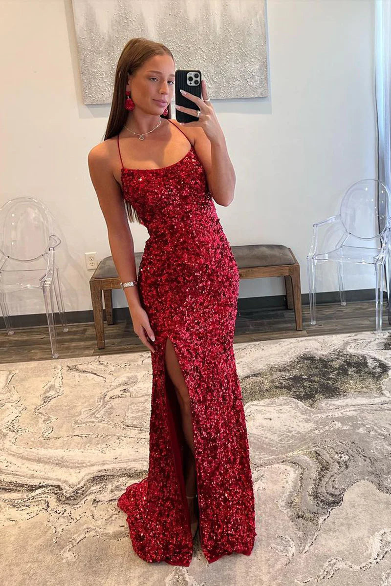 Red Sequin Scoop Neck Long Prom Dresses with Slit