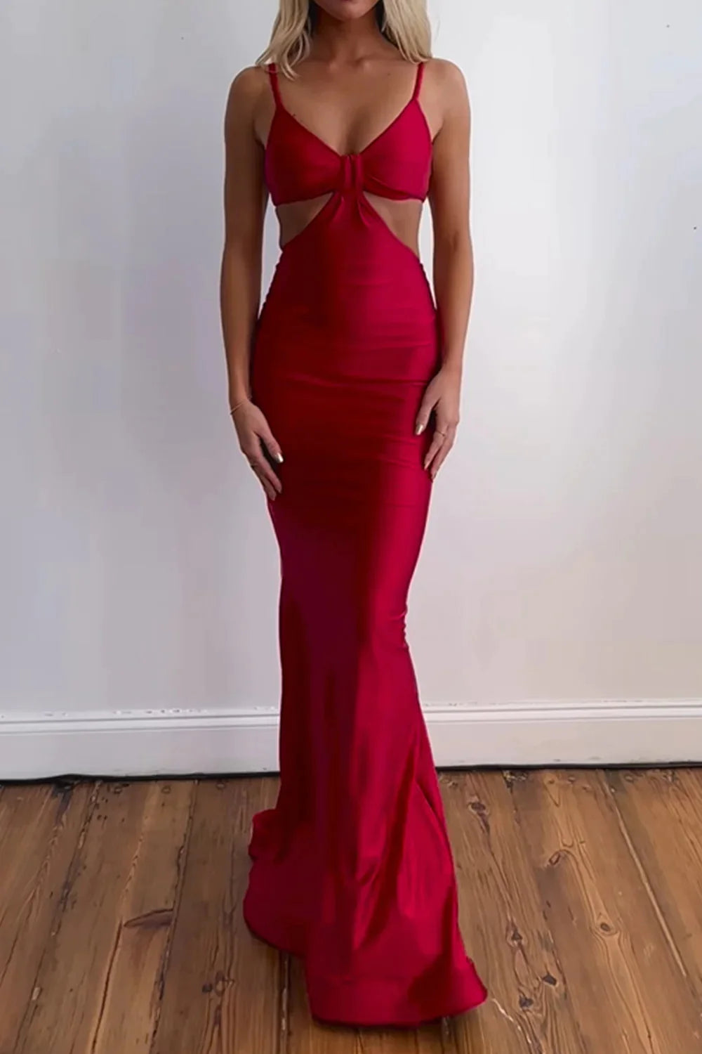 Red Spaghetti Straps Cut Out Long Prom Dress with Slit