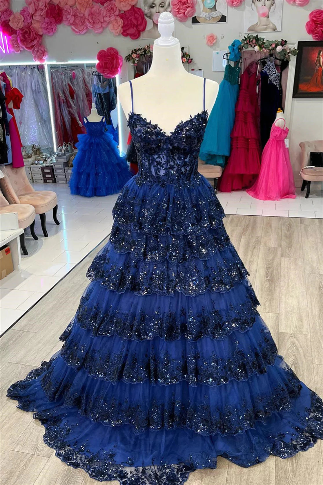 Royal Blue Floral Multi-Layers Sequined Straps Long Prom Dress