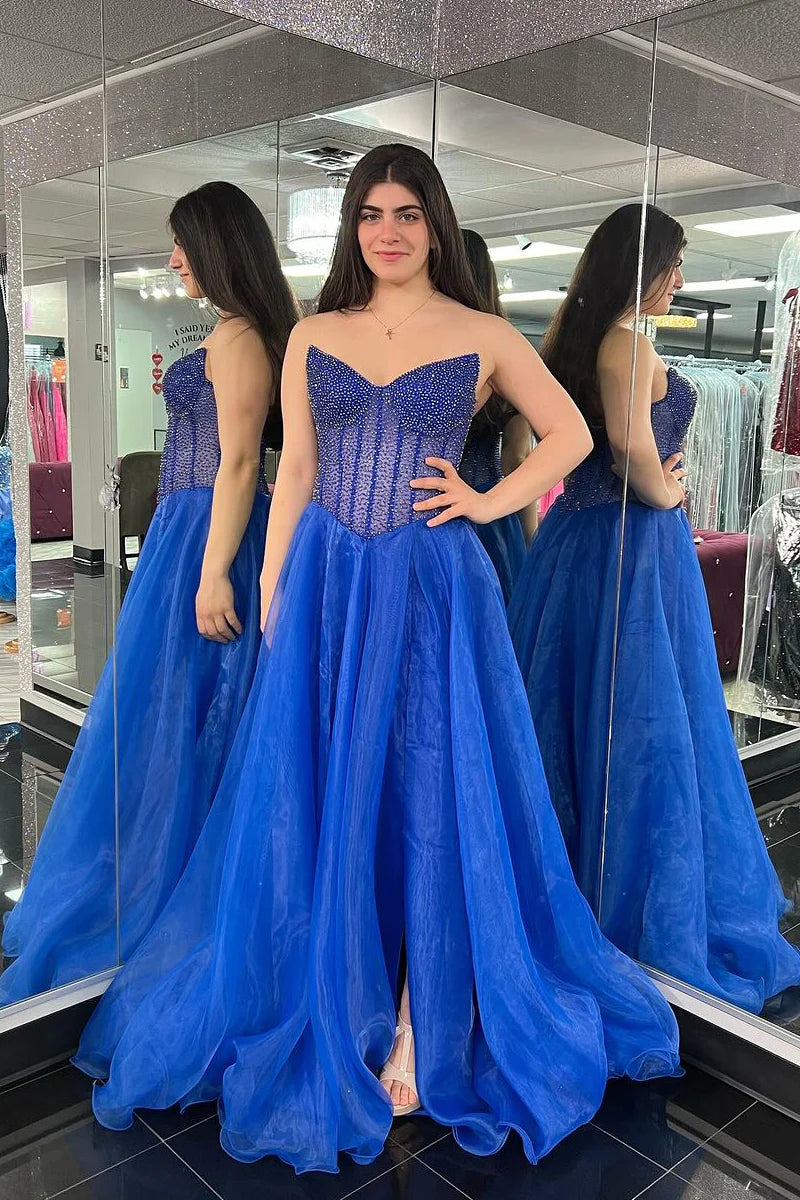 Royal Blue Strapless Organza Long Prom Dresses with Beading