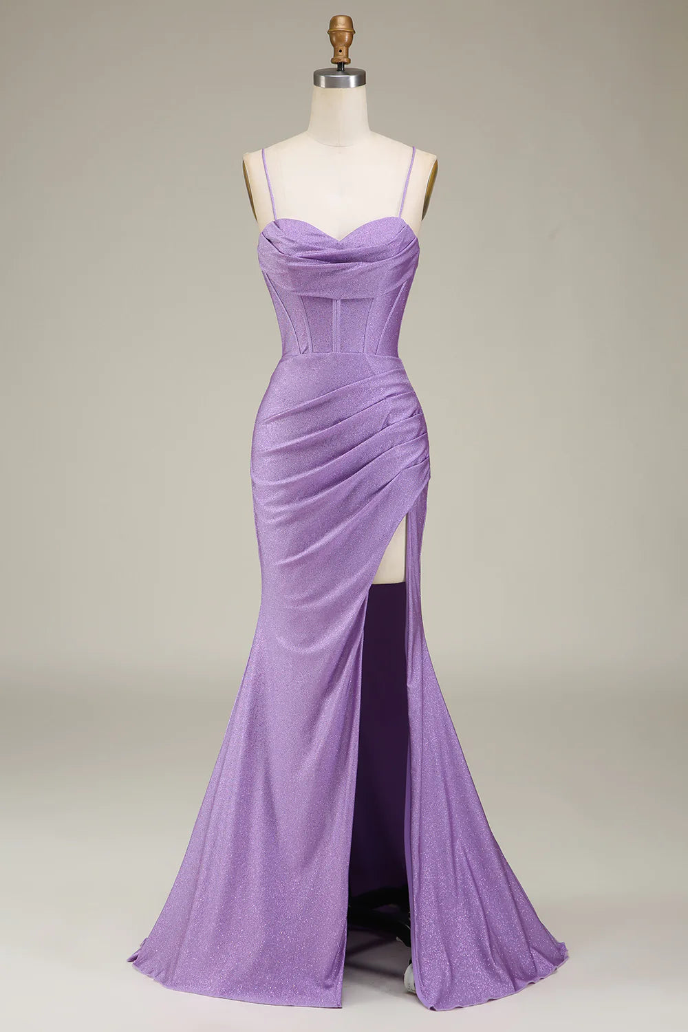 Satin Spaghetti Straps Lilac Purple Prom Dress with Corset