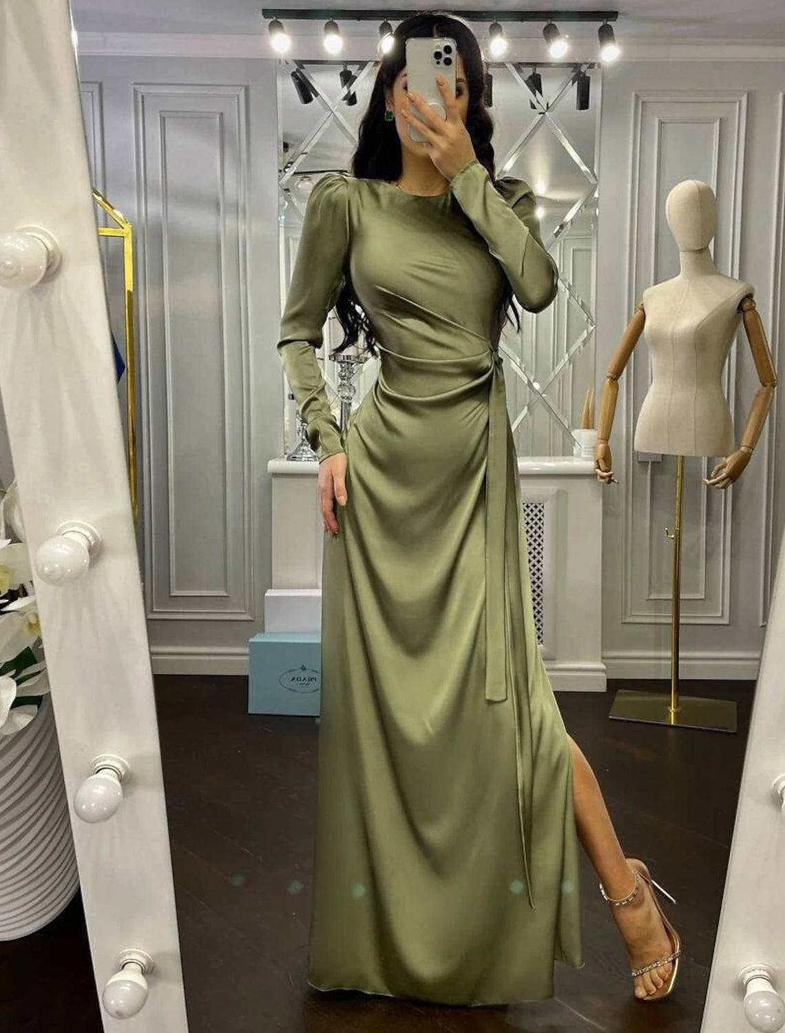 Sheath Party Dress Evening Gown Elegant Dress Wedding Guest Fall Floor Length Long Sleeve High Neck Bridesmaid Dress Satin with Ruched