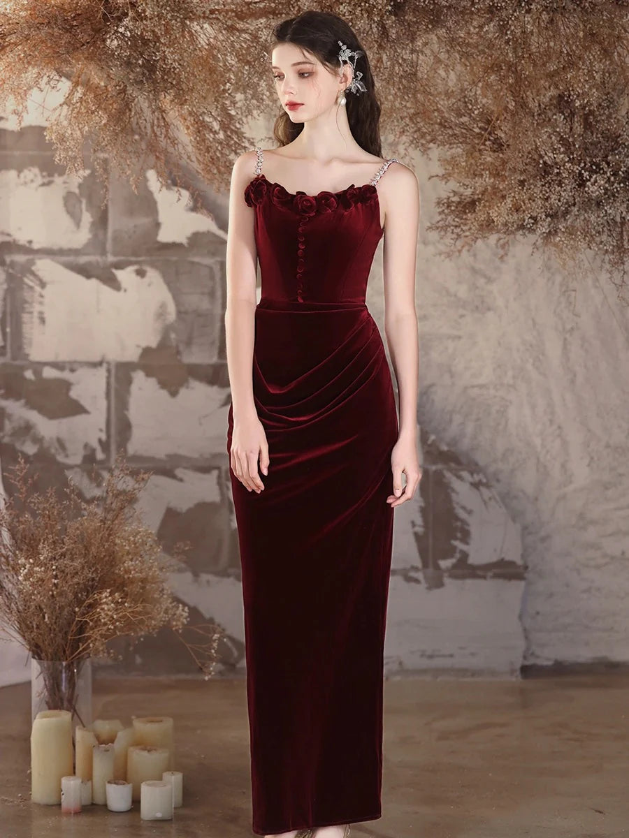 Simple Velvet Mermaid Burgundy Long Prom Dress Burgundy Long Formal Dress