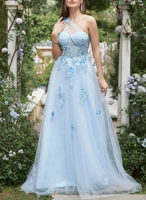 Sky Blue A Line One Shoulder Long Prom Dress with Appliques