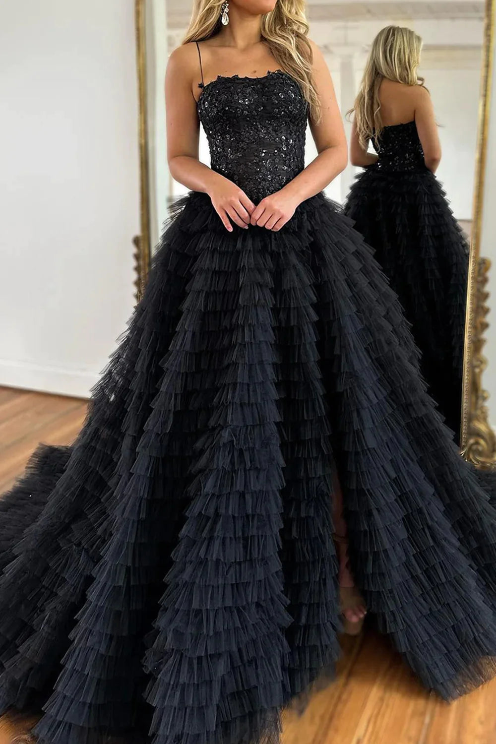 Sparkly Black Corset Spaghetti Straps Tulle A-Line Long Prom Dress with Slit