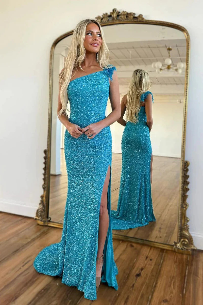 Sparkly Mermaid One Shoulder Blue Sequins Long Prom Dresses