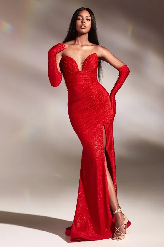 Strapless Glitter Stretch Slit Gown with Gloves By Ladivine CD889 - Women Evening Formal Gown - Special Occasion