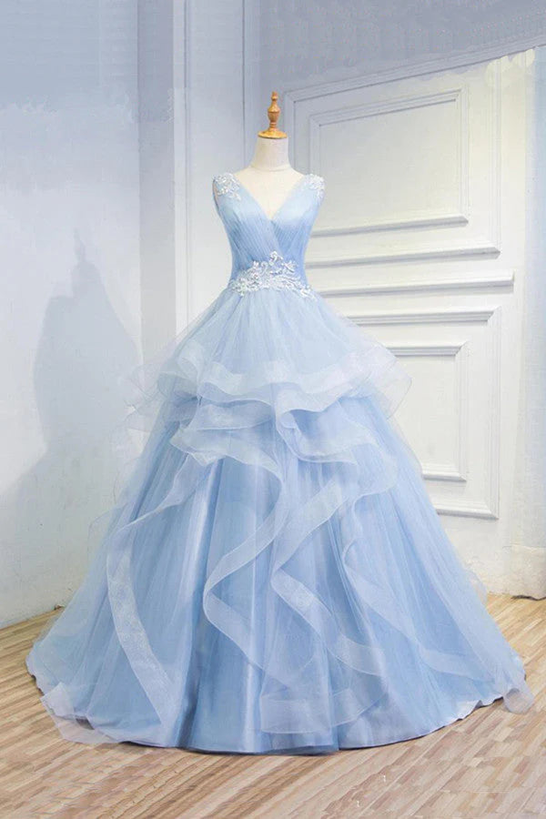 Sweetheart Blue Organza Ballgown V Neck Ruffles Appliques Prom Dresses