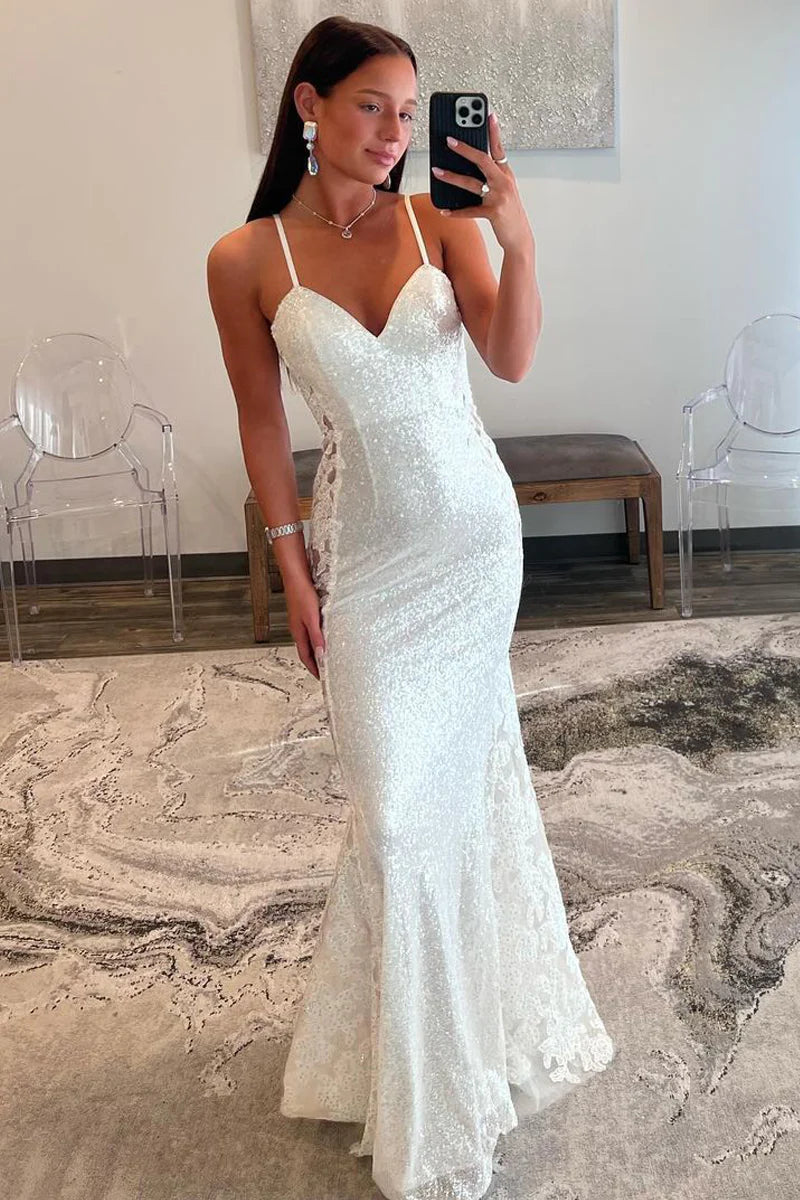 White V Neck Sequin Mermaid Long Prom Dresses with Appliques