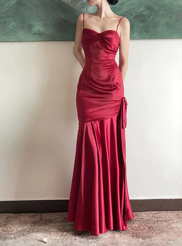 Wine Red Satin Sweetheart Straps Prom Dress Wine Red Long Evening Dress