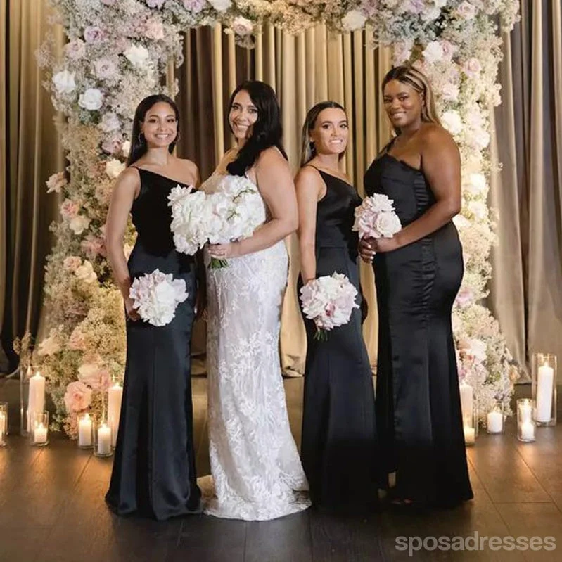 Sexy Black Mermaid One Shoulder Cheap Maxi Long Bridesmaid Dresses,WG1692