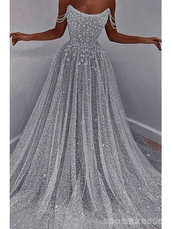 Sparkly Silver A-line Off Shoulder Cheap Maxi Long Prom Dresses,13260